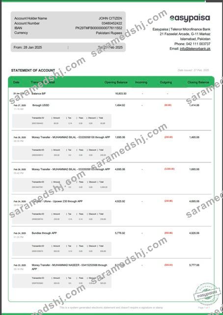 Pakistan Easypaisa statement of account Word and PDF template